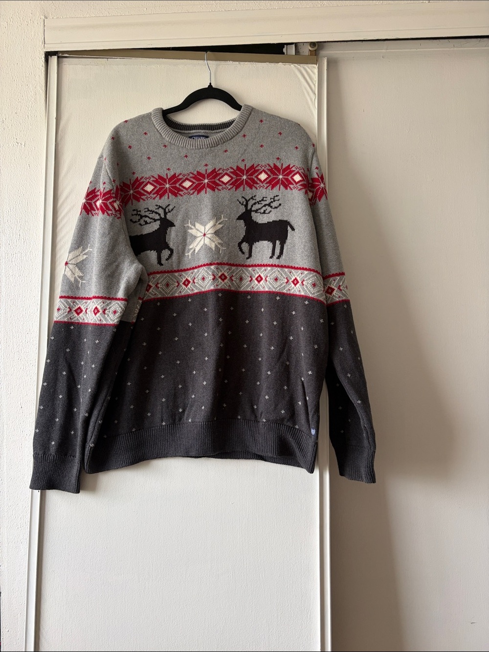 Chaps Men's Gray & Dark Gray Crewneck Sweater with Red Fair Isle Reindeer